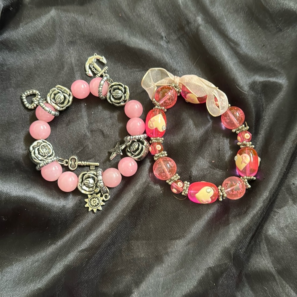 Breast Cancer Awareness Pink and Silver To e Beaded Stretch Bracelet Set